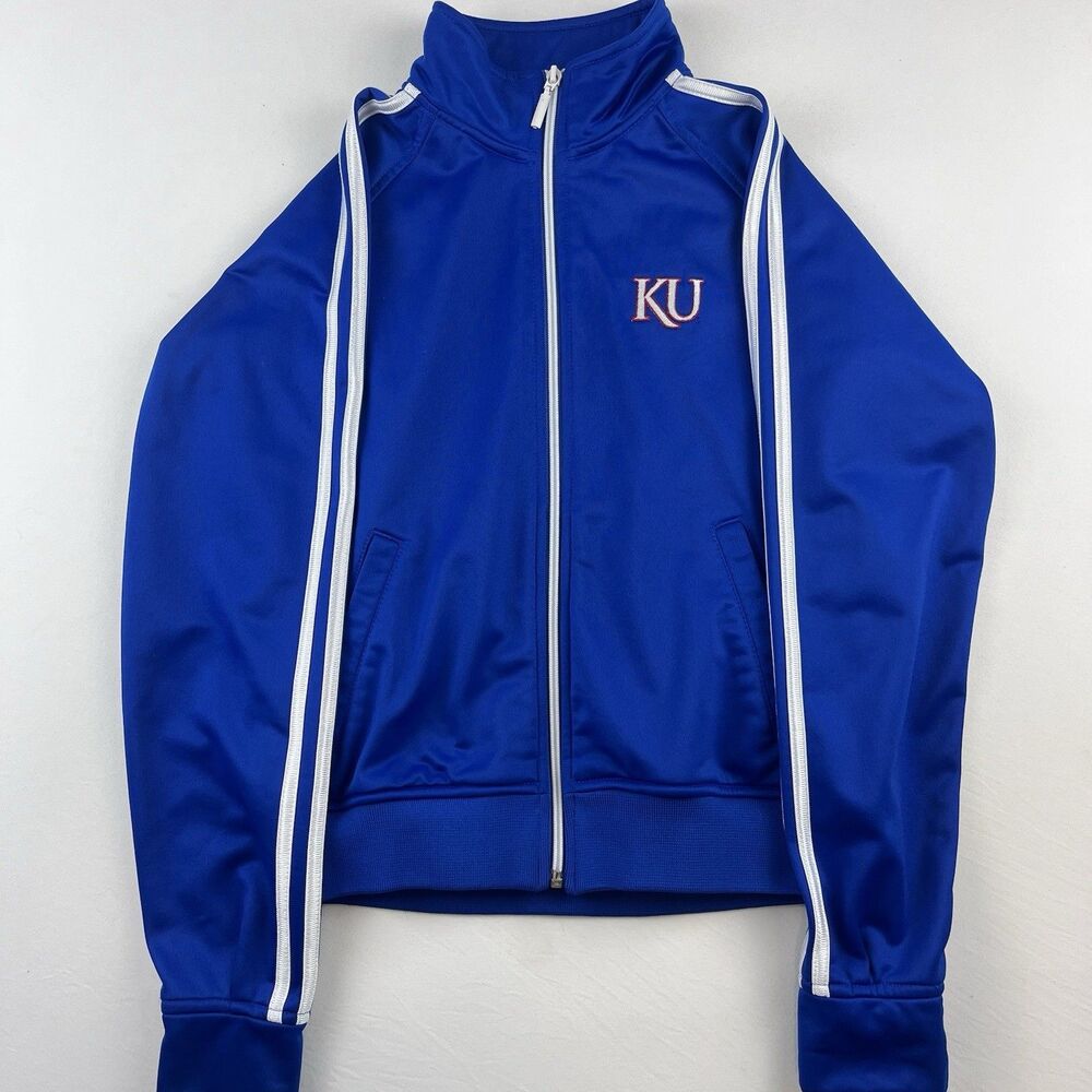 KU Kansas Jayhawks Vintage Adidas Track Jacket 3 Stripe Full Zip Bomber Blue Med